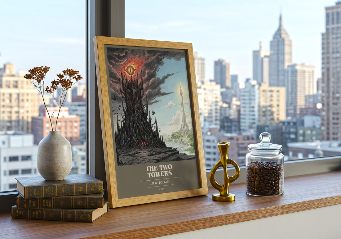 The Two Towers Book Cover Poster by J.R.R. Tolkien – framed print on a city-view windowsill
