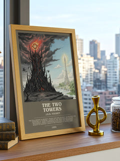 The Two Towers Bookish Wall Art by J.R.R. Tolkien – framed print on a city-view windowsill