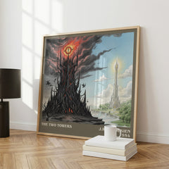 The Two Towers Literary Art Print by J.R.R. Tolkien – large square framed print leaning against a wall