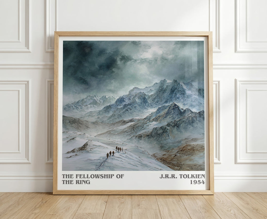 The Fellowship Of The Ring literary print in frame leaning in hallway – fantasy wall art (mockup)