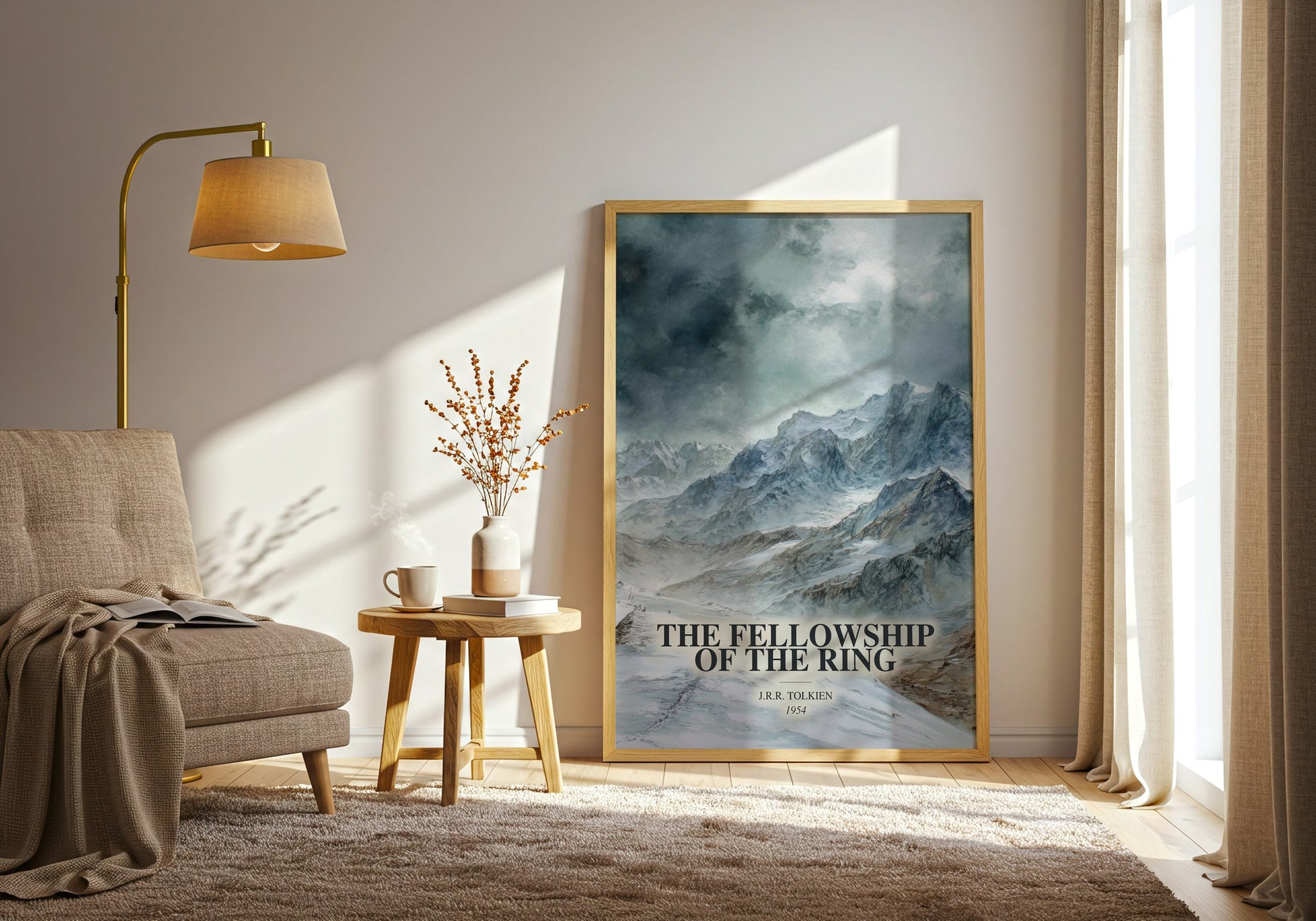 The Fellowship Of The Ring watercolour print in frame leaning in hallway – fantasy wall art