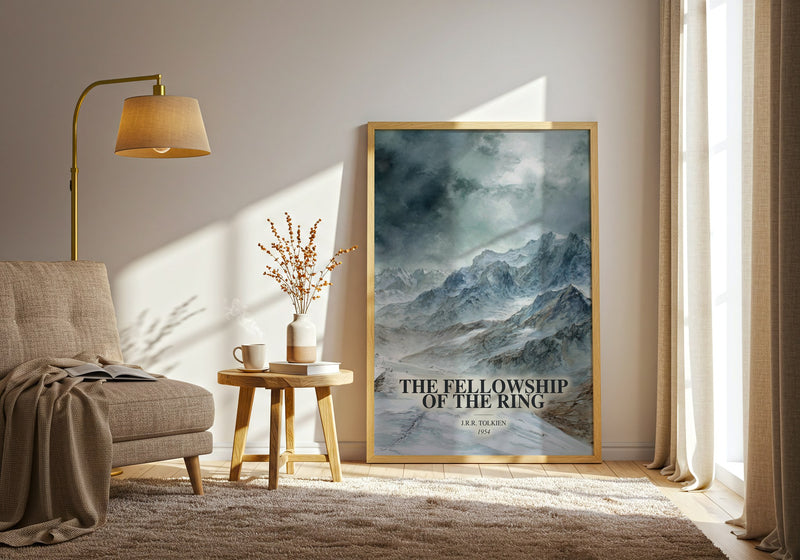 The Fellowship Of The Ring watercolour print in frame leaning in hallway – fantasy wall art