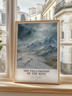 The Fellowship Of The Ring Book Cover Poster by J.R.R. Tolkien – framed print by a bright window