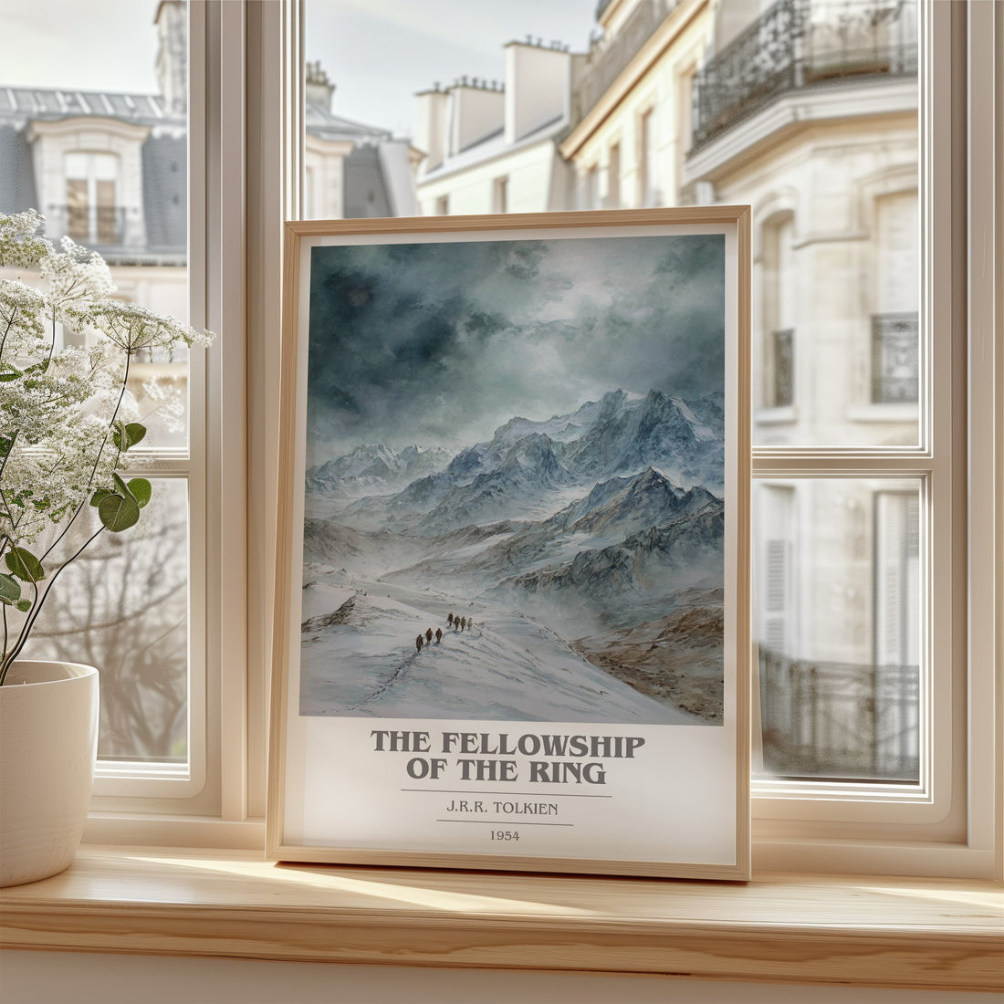 The Fellowship Of The Ring Book Cover Poster by J.R.R. Tolkien – framed print by a bright window