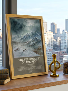 The Fellowship Of The Ring Bookish Wall Art by J.R.R. Tolkien – framed print on a city-view windowsill