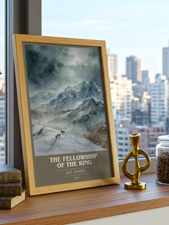 The Fellowship Of The Ring Book Cover Poster by J.R.R. Tolkien – framed print on a city-view windowsill