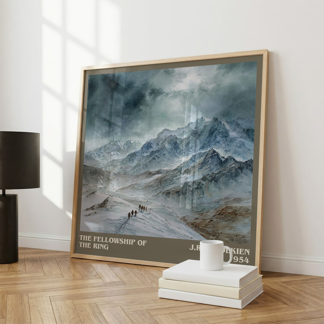 The Fellowship Of The Ring Literary Art Print by J.R.R. Tolkien – large square framed print leaning against a wall