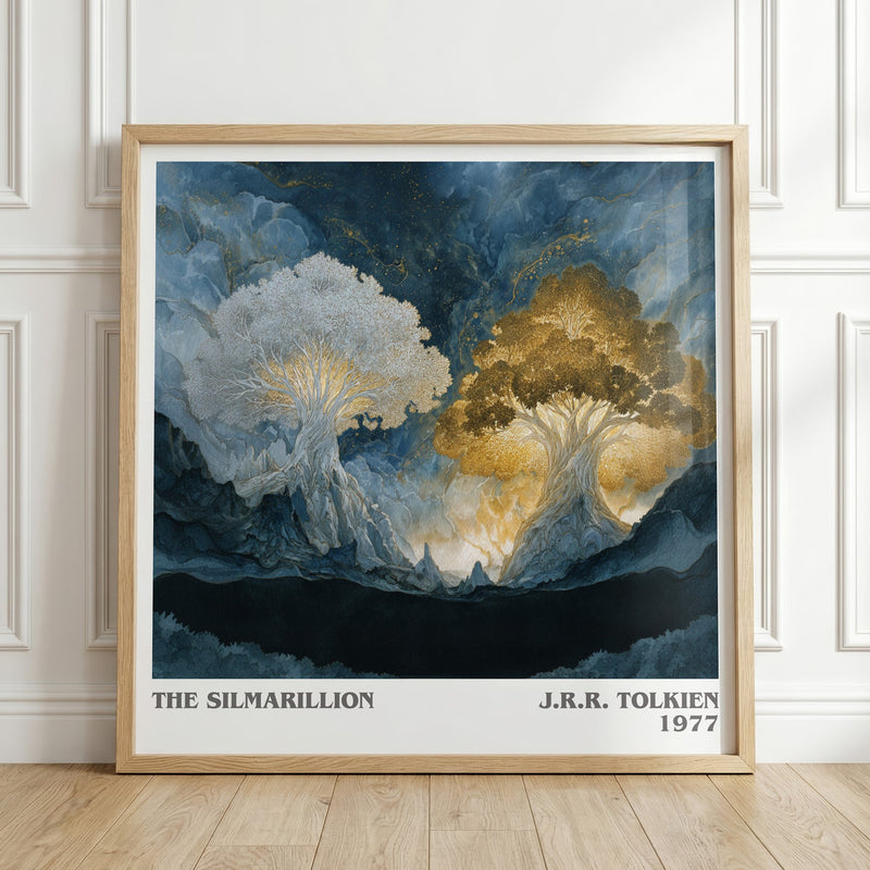 The Silmarillion literary print in frame leaning in hallway – fantasy wall art