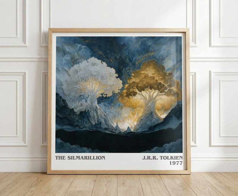 The Silmarillion literary print in frame leaning in hallway – fantasy wall art