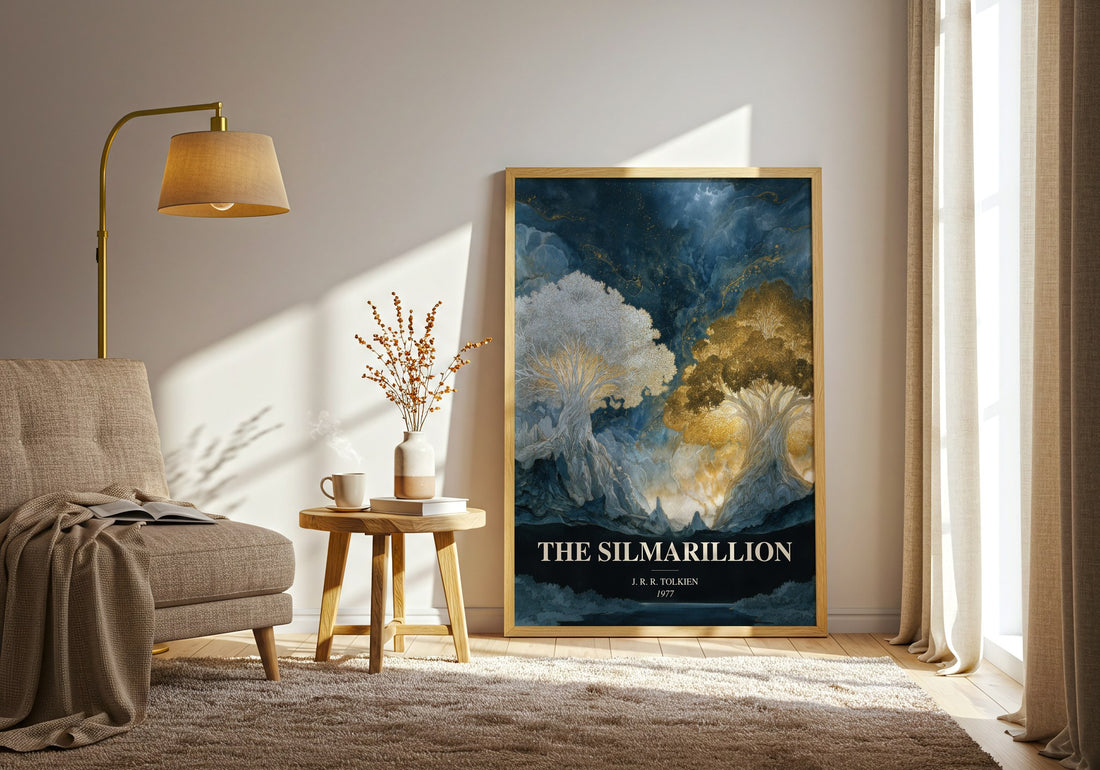 The Silmarillion watercolour print in frame leaning in hallway – fantasy wall art (mockup)