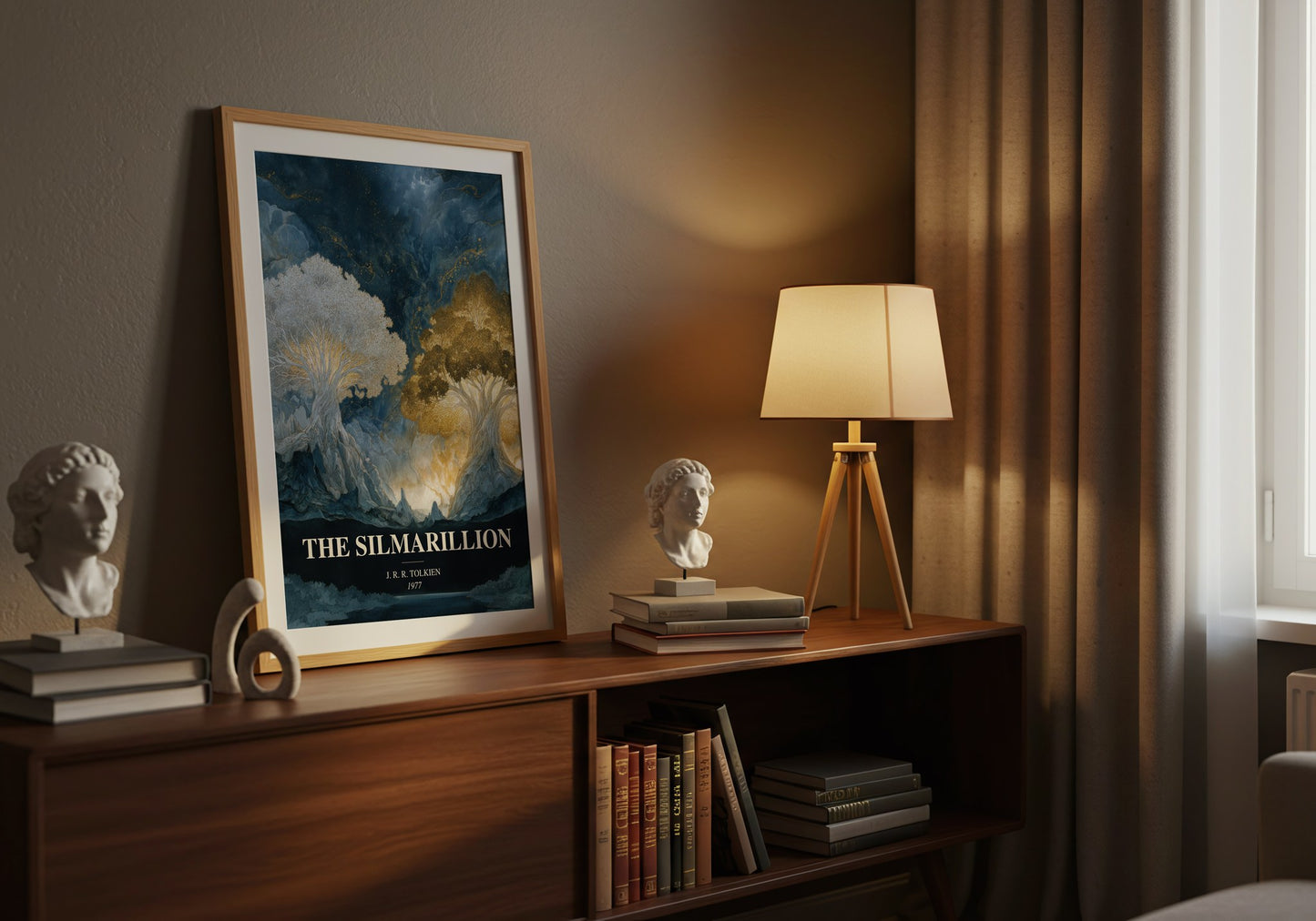 The Silmarillion watercolour print on bookshelf – J. R. R. Tolkien fan gift