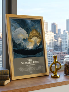 The Silmarillion Bookish Wall Art by J. R. R. Tolkien – framed print on a city-view windowsill