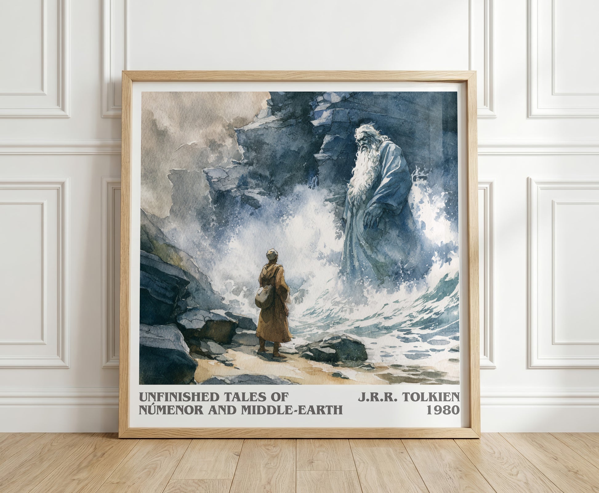 Unfinished Tales Of Numenor And Middle-Earth literary print in frame leaning in hallway – fantasy wall art