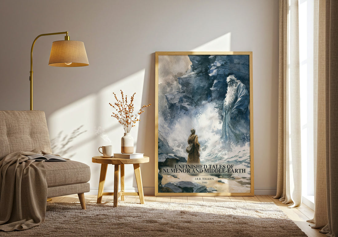 Unfinished Tales Of Numenor And Middle-Earth watercolour print in frame leaning in hallway – fantasy wall art (mockup)