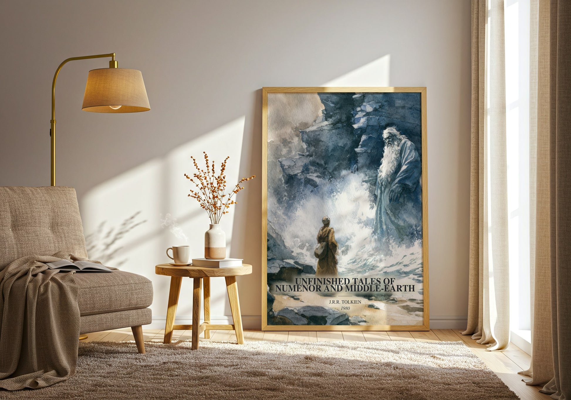 Unfinished Tales Of Numenor And Middle-Earth watercolour print in frame leaning in hallway – fantasy wall art