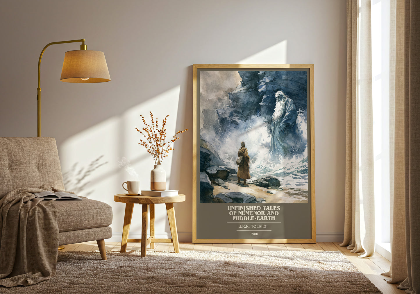 Unfinished Tales Of Numenor And Middle-Earth book cover print framed by window – literary home decor