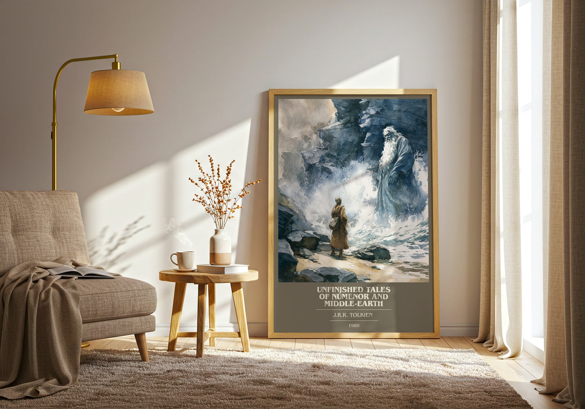 Unfinished Tales Of Numenor And Middle-Earth book cover print framed by window – literary home decor