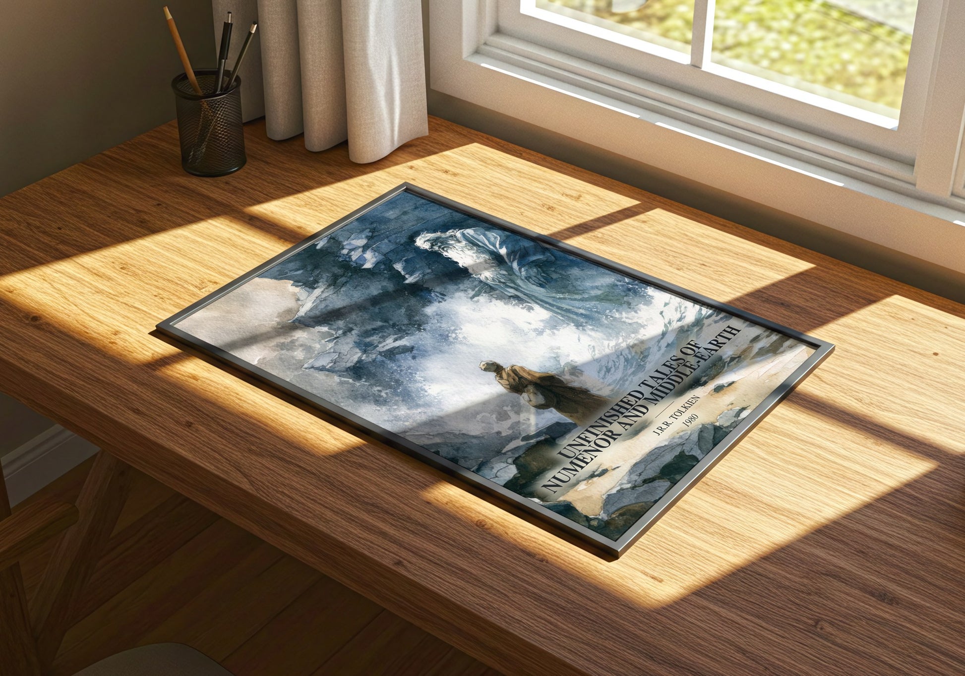 Unfinished Tales Of Numenor And Middle-Earth watercolour book poster framed on wall – fantasy wall art