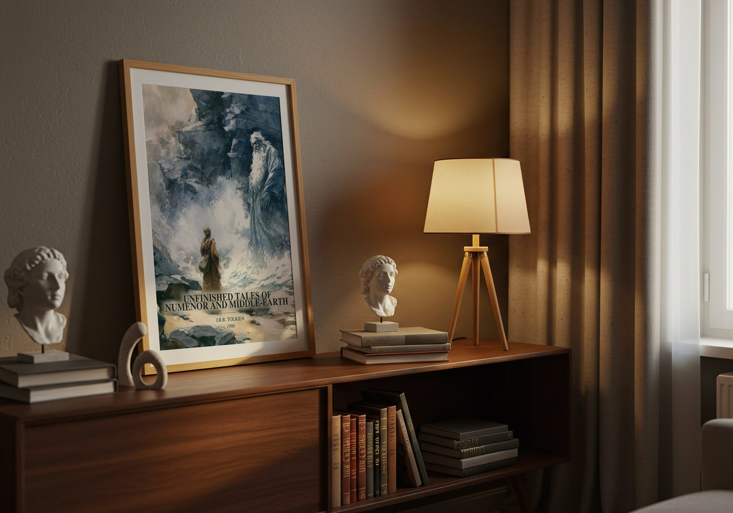 Unfinished Tales Of Numenor And Middle-Earth watercolour print on bookshelf – J.R.R. Tolkien fan gift