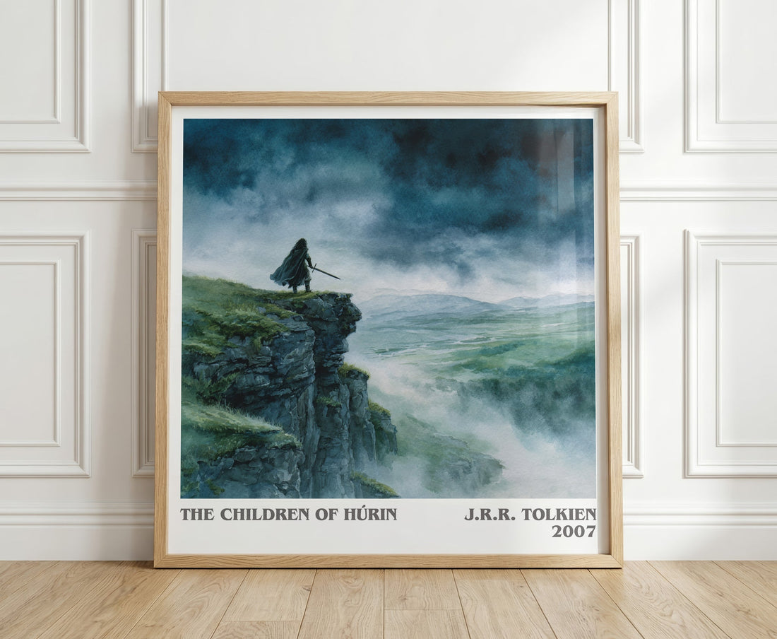 The Children of Húrin literary print in frame leaning in hallway – fantasy wall art (mockup)