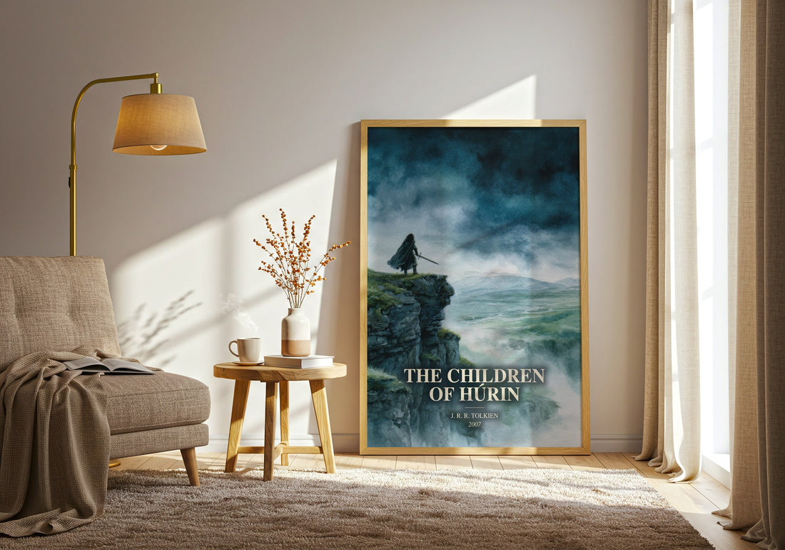 The Children Of Húrin watercolour print in frame leaning in hallway – fantasy wall art (mockup)