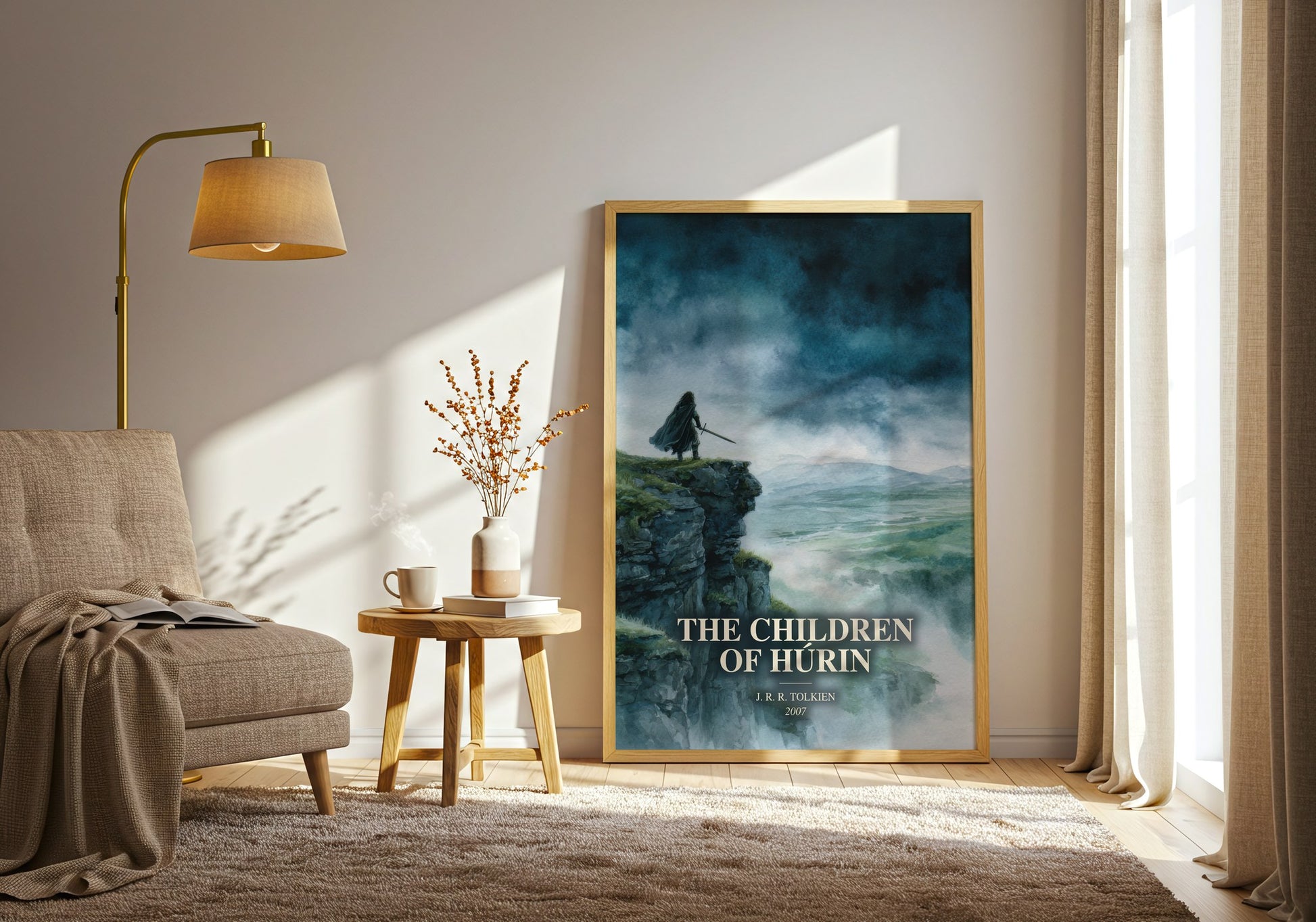 The Children Of Húrin watercolour print in frame leaning in hallway – fantasy wall art