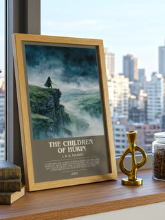 The Children of Húrin Bookish Wall Art by J. R. R. Tolkien – framed print on a city-view windowsill