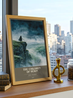 The Children of Húrin Book Cover Poster by J. R. R. Tolkien – framed print on a city-view windowsill