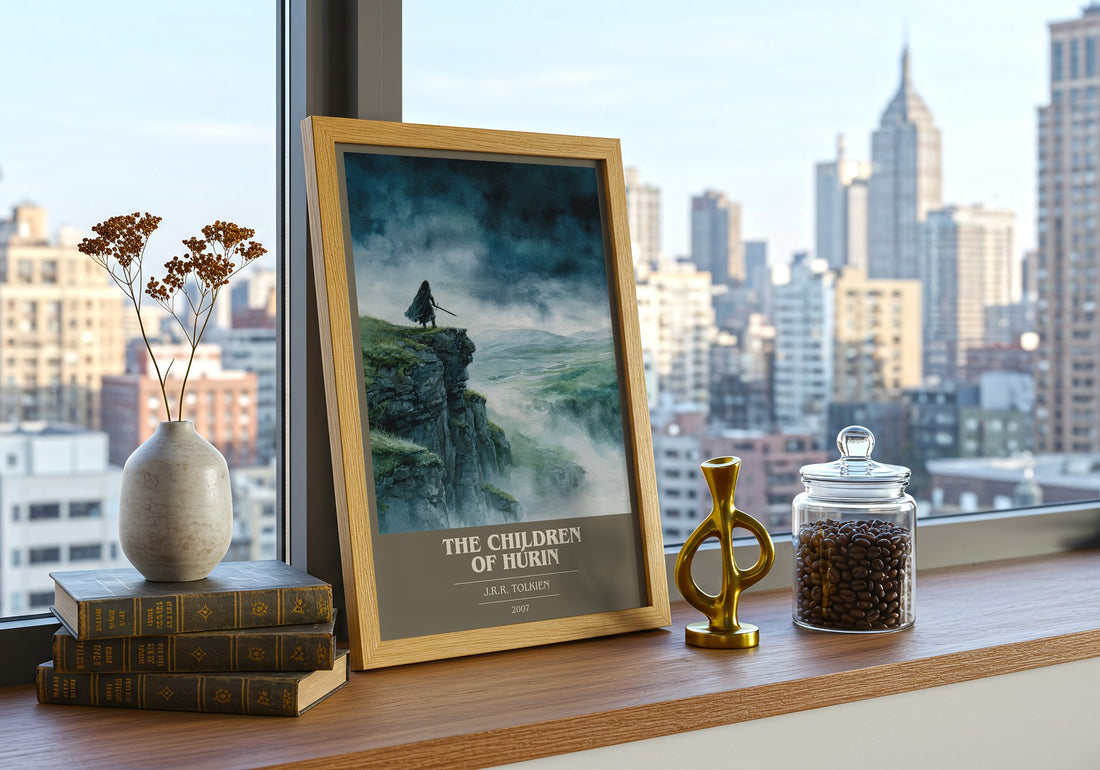 The Children of Húrin Book Cover Poster by J. R. R. Tolkien – framed print on a city-view windowsill