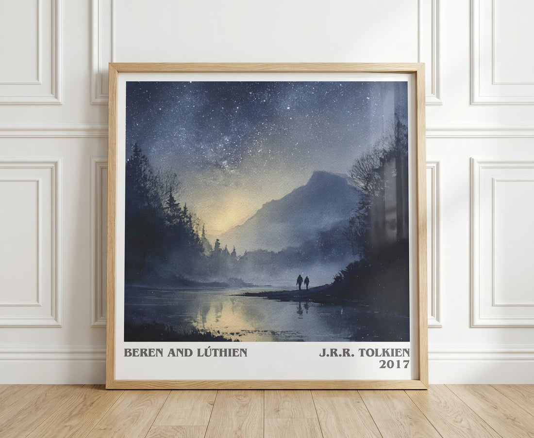 Beren and Lúthien literary print in frame leaning in hallway – fantasy wall art (mockup)