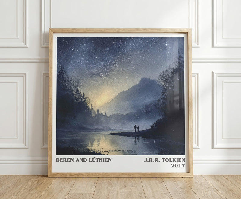 Beren and Lúthien literary print in frame leaning in hallway – fantasy wall art