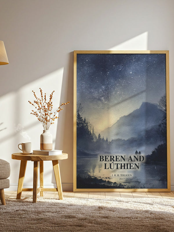 Beren And Lúthien watercolour print in frame leaning in hallway – fantasy wall art