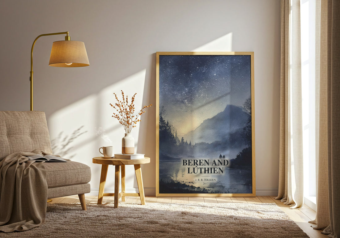 Beren And Lúthien watercolour print in frame leaning in hallway – fantasy wall art (mockup)