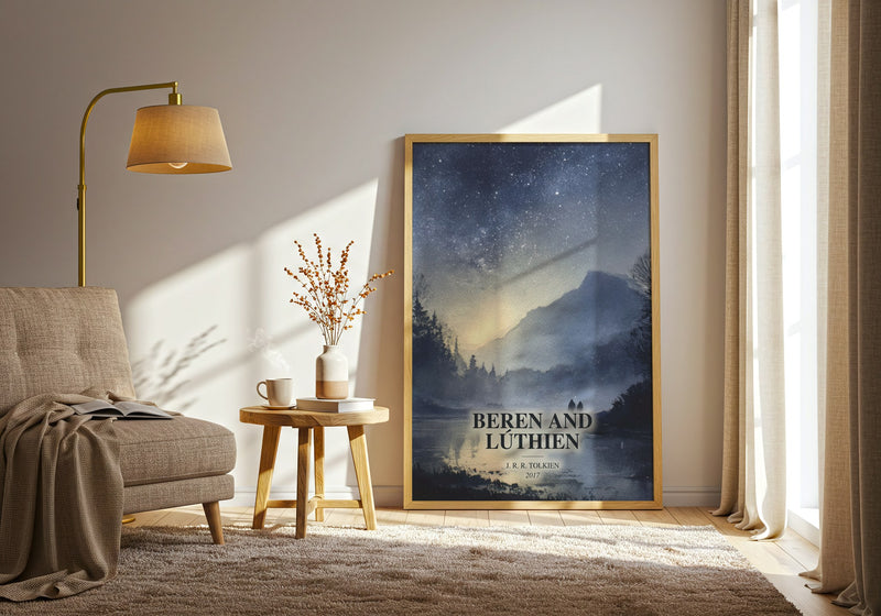 Beren And Lúthien watercolour print in frame leaning in hallway – fantasy wall art
