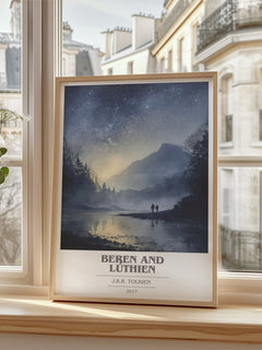 Beren and Lúthien Book Cover Poster by J. R. R. Tolkien – framed print by a bright window