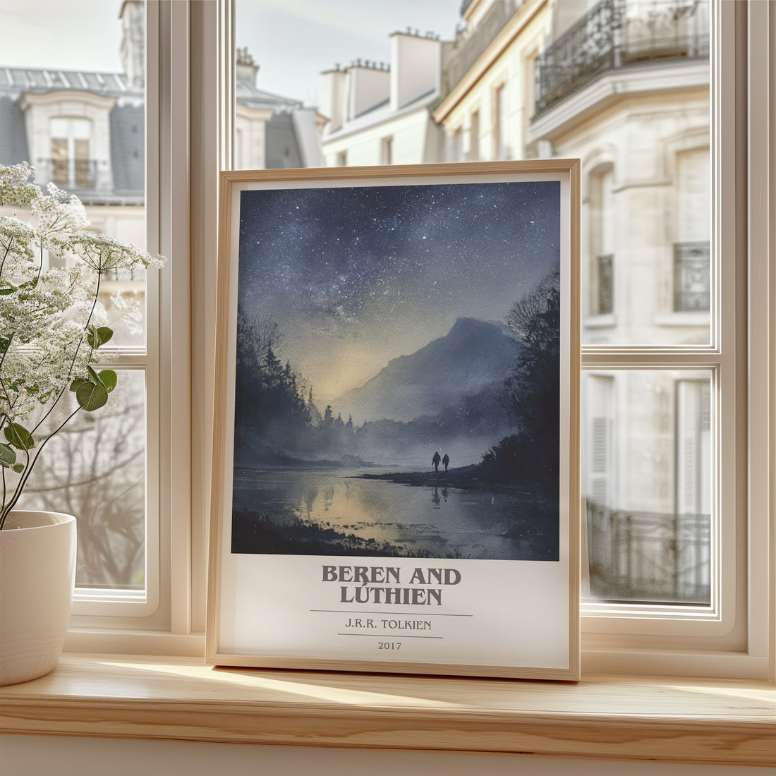 Beren and Lúthien Book Cover Poster by J. R. R. Tolkien – framed print by a bright window