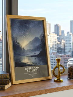 Beren and Lúthien Book Cover Poster by J. R. R. Tolkien – framed print on a city-view windowsill