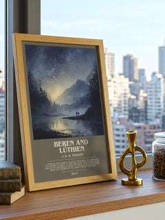 Beren and Lúthien Bookish Wall Art by J. R. R. Tolkien – framed print on a city-view windowsill