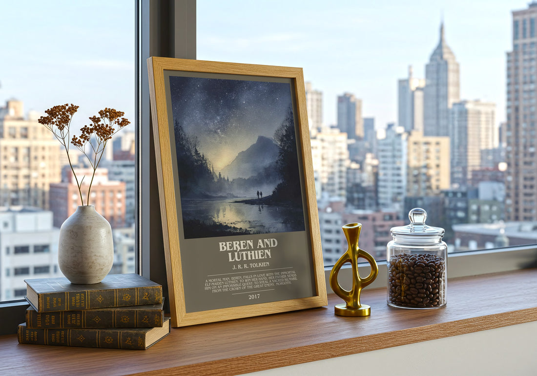 Beren and Lúthien Bookish Wall Art by J. R. R. Tolkien – framed print on a city-view windowsill