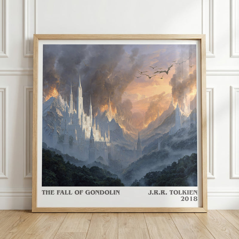 The Fall of Gondolin literary print in frame leaning in hallway – fantasy wall art