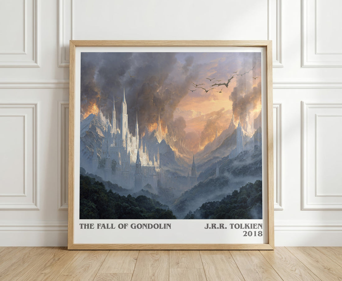 The Fall of Gondolin literary print in frame leaning in hallway – fantasy wall art (mockup)