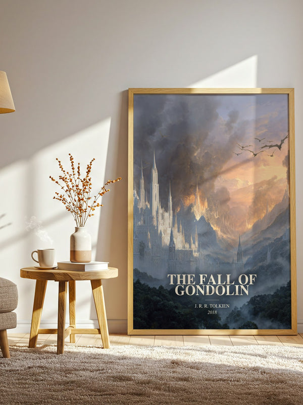 The Fall Of Gondolin watercolour print in frame leaning in hallway – fantasy wall art