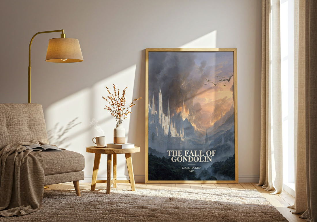 The Fall Of Gondolin watercolour print in frame leaning in hallway – fantasy wall art (mockup)