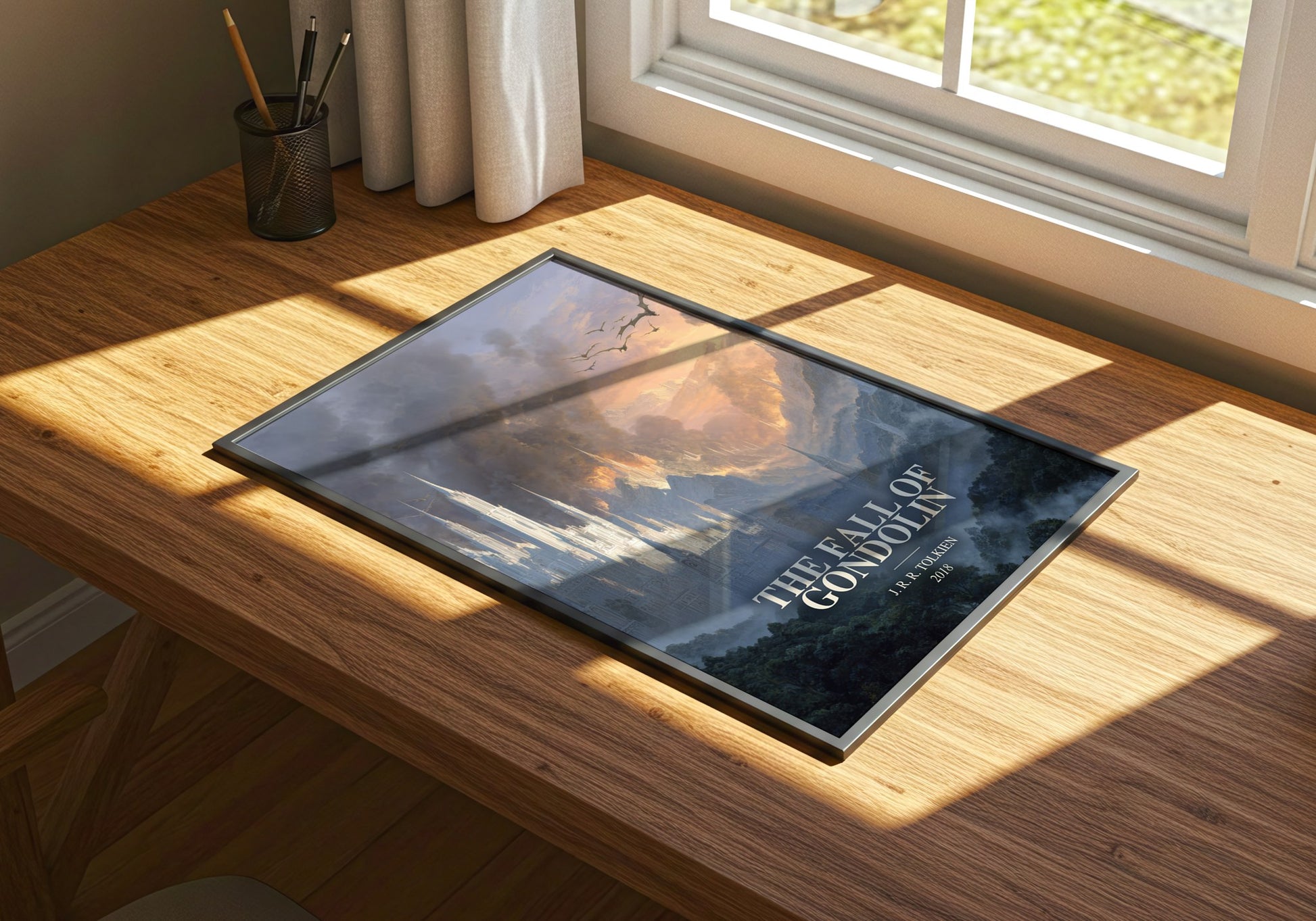 The Fall Of Gondolin watercolour book poster framed on wall – fantasy wall art