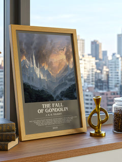 The Fall of Gondolin Bookish Wall Art by J. R. R. Tolkien – framed print on a city-view windowsill