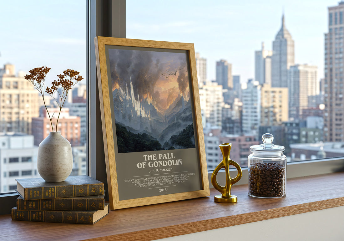 The Fall of Gondolin Bookish Wall Art by J. R. R. Tolkien – framed print on a city-view windowsill