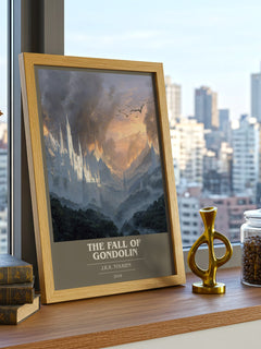 The Fall of Gondolin Book Cover Poster by J. R. R. Tolkien – framed print on a city-view windowsill