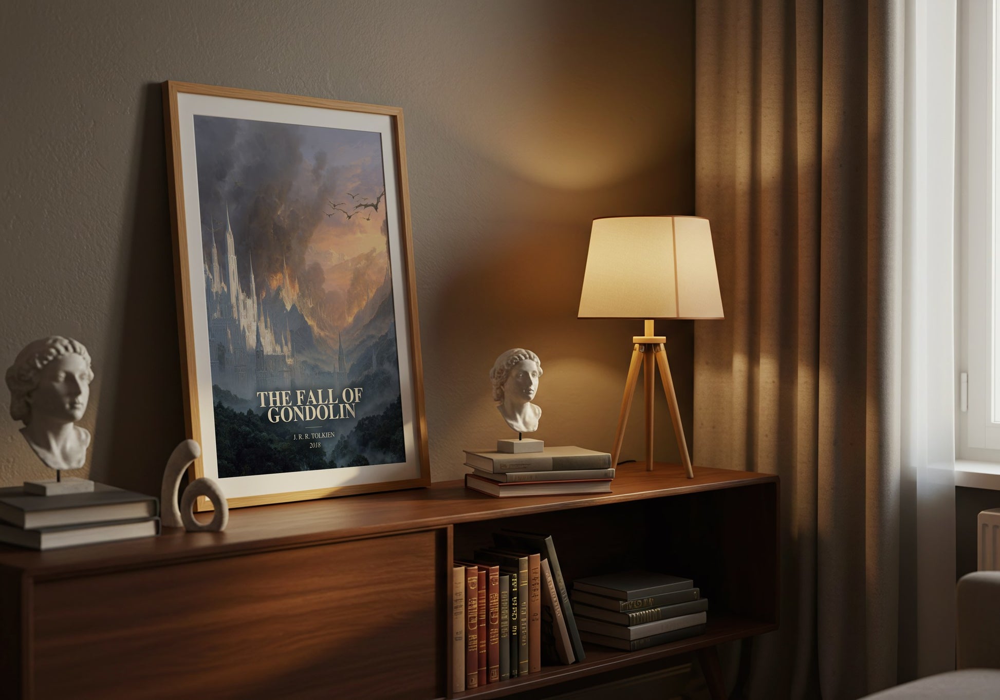 The Fall Of Gondolin watercolour print on bookshelf – J. R. R. Tolkien fan gift