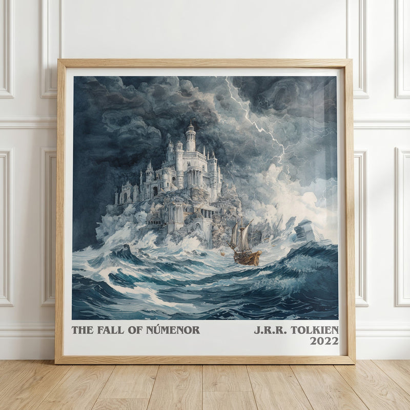 The Fall Of Númenor literary print in frame leaning in hallway – fantasy wall art