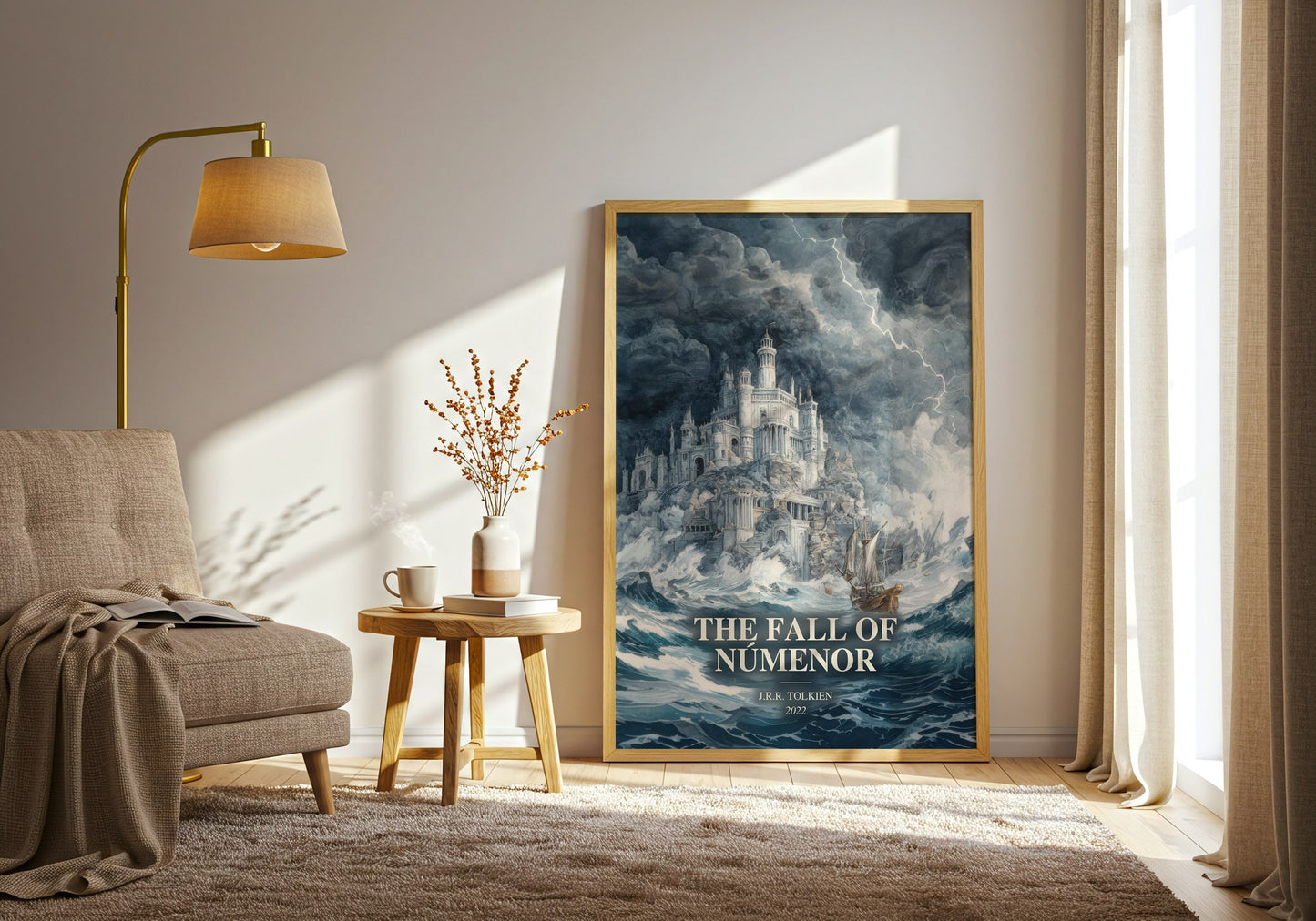 The Fall Of Númenor watercolour print in frame leaning in hallway – fantasy wall art